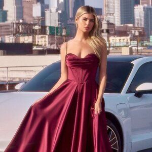 NEW FORMAL A-LINE SOFT SATIN DRESS W/ SPAGHETTI STRAPS & LACE UP BACK CD 7481